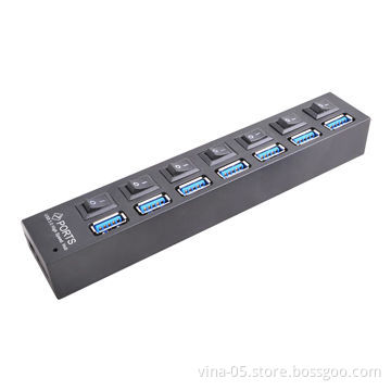 7-port High-speed USB 3.0 Hub Adapter LED Indicator with On/Off Switch